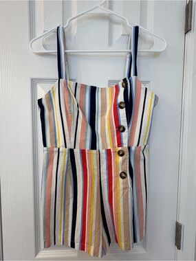 Forever 21 Romper Multicolor Stripe Medium Jumper Shoulder Straps Linen Blend